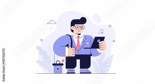 A cartoon man in a suit stands holding a tablet and a bag, with music notes nearby