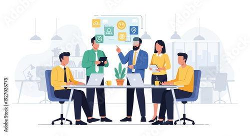 Diverse team collaborating in modern office meeting.