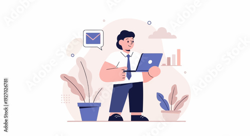 A man in a shirt and tie uses a laptop with a chart and plants nearby