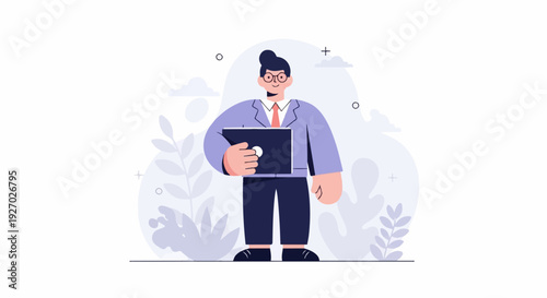 A person in a suit holds a laptop, with abstract shapes and leaves in the background