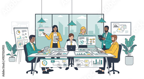 Diverse team collaborating in a modern office meeting room.