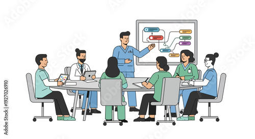 Medical professionals collaborating in a meeting room.