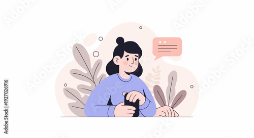 Illustration of a person interacting with their phone amidst stylized plant-like shapes