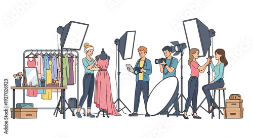 Fashion photoshoot in studio with models and equipment.
