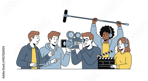 Filmmaking crew capturing a scene with camera and boom mic.