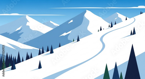 Snowy mountain landscape with winding ski trail and evergreen trees under clear blue sky