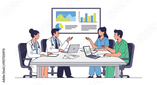 Medical professionals collaborating in a modern meeting room discussing healthcare data.