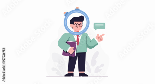 Stylized man with glasses, holding a book, points while wearing a stopwatch-like headpiece
