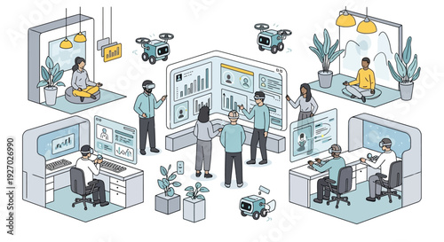 Diverse team collaborating in a futuristic technology hub.