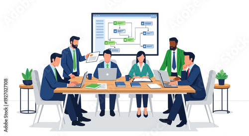 Diverse team collaborating in a modern boardroom meeting.