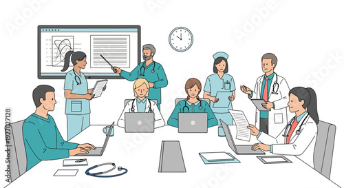 Medical professionals collaborating in a modern meeting room.