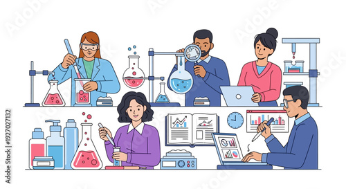 Diverse scientists conducting experiments in a modern laboratory setting.