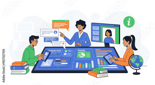 Diverse students and teacher engage in interactive digital learning.