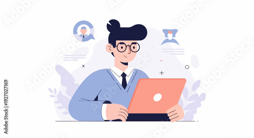 A smiling person wearing glasses and a blue cardigan looks at a laptop