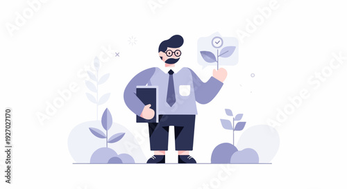 A cartoon man in glasses and a tie holds a clipboard and a plant with a checkmark