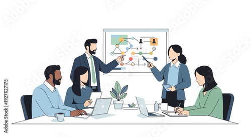 Diverse team collaborating in a modern business meeting.