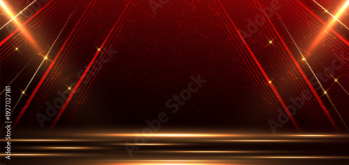 Elegant golden scene diagonal glowing with lighting effect sparkle on red background. Template premium award design.