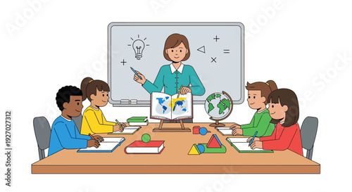 Diverse students engaged in a classroom lesson with a teacher.