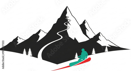 Skier in green speeds down snowy mountain slope with red skis black and white peaks trees and winding trail in background