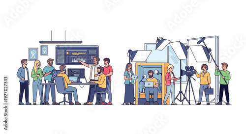 Filmmaking crew working together on set.