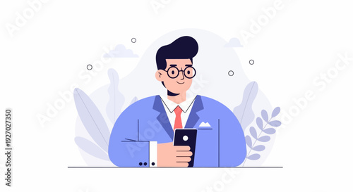 A man in a blue suit, white shirt, and red tie smiles while holding a smartphone, with abstract plants and clouds