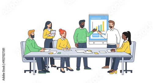 Diverse team collaborating in a modern business meeting.