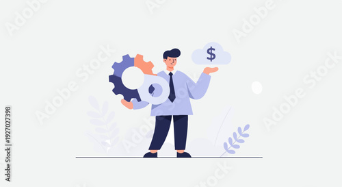 Man holding gear and cloud with dollar sign against light background