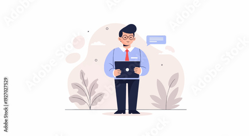 A man in formal attire holds a laptop, with abstract shapes and plants in the background