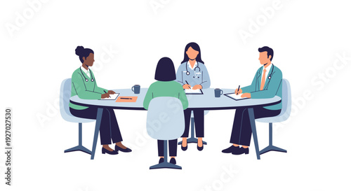 Medical professionals discussing patient care around a table.