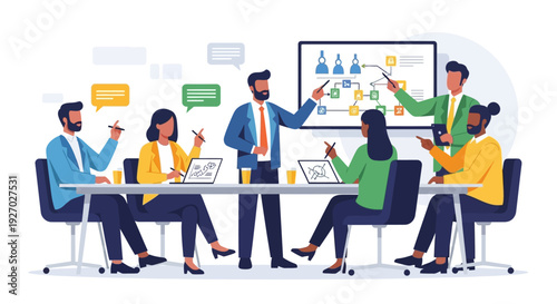 Diverse team collaborating in a modern business meeting.