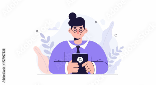 A smiling person in glasses and a purple shirt holds a phone with a profile icon