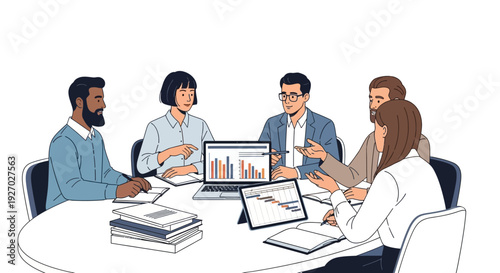 Diverse team collaborates around a table discussing business growth charts.