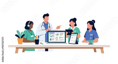 Medical Team Collaborating Around a Table with Technology.