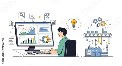 Man Analyzing Data on Computer Screen with Industry Automation Concept.