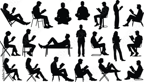 People reading book silhouettes collection, men and women sitting and relaxing, education learning concept, leisure activity, black human figures illustration set