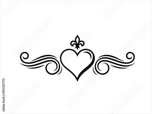 Symmetrical black motif featuring central heart with fleur‑de‑lis above and swirling lines, romantic and classical design for tattoos, prints, or decorative art