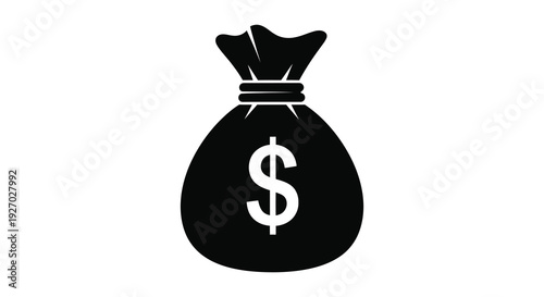 A stark black silhouette depicts a bag with a dollar sign representing wealth and finance silhouette high quality