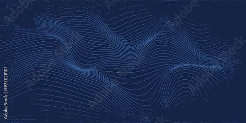 Navy blue abstract background with halftone wavy smooth pattern. Small spot light box. Curve line, cosmic galaxy space. Festive BG for social media, birthday party invitation