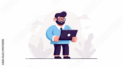 A cartoon man with glasses and a beard, wearing a blue shirt and dark pants, holds a laptop