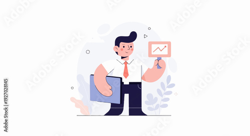 A man in a tie holds a folder and a board showing an upward trending graph