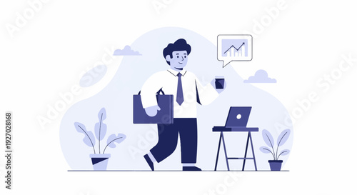 A man in business attire with a briefcase and coffee walks near a laptop on a stand