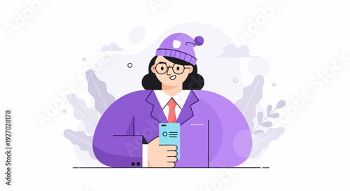 A woman in a purple suit and hat is smiling while holding a blue smartphone