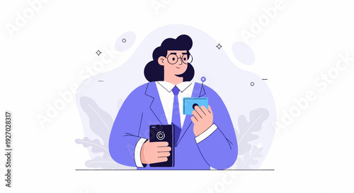 Woman in suit holding phone and card