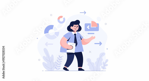 A stylized person in professional attire holding a document walks amidst abstract data visualization elements