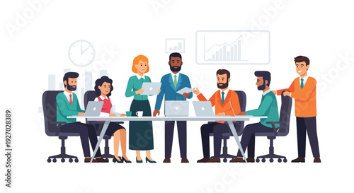 Diverse team collaborating in a modern business meeting.