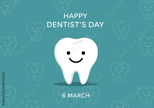 Smiling tooth happy dentists day poster with teal background