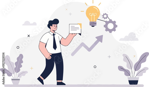 Businessman holding document, bulb, gears, plant, upward graph, and clouds