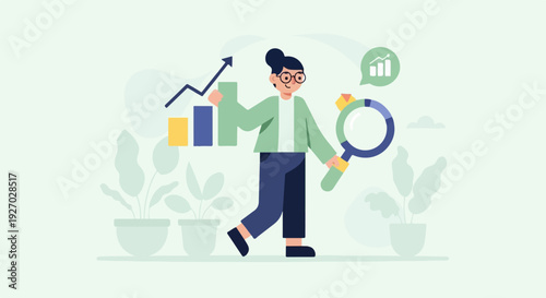 Stylized graphic of a person examining data charts with a magnifying glass