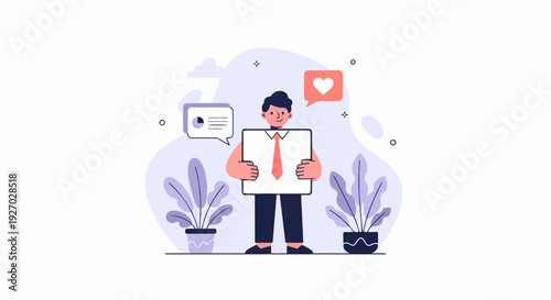 Cheerful person in tie holding a blank sign with feedback icons nearby