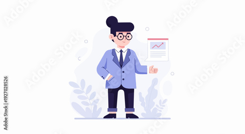 A stylized person in a suit and glasses points to a chart showing growth